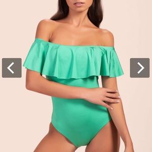 TRINA TURK Monaco Solids Off The Shoulder Ruffle One Piece Swimsuit Foam Green 6